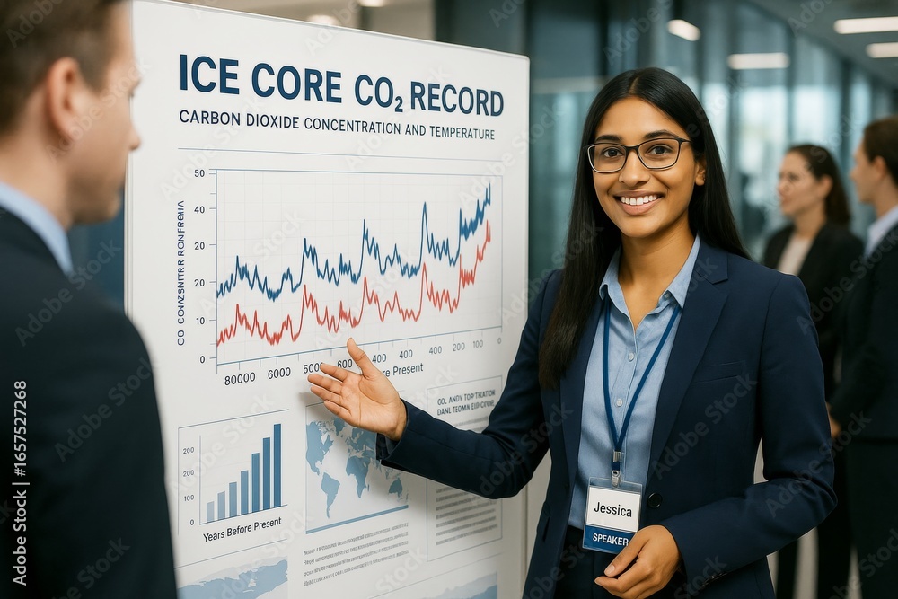 Poster scientist presenting climate research data on ice core co? and temperature trends at science confere