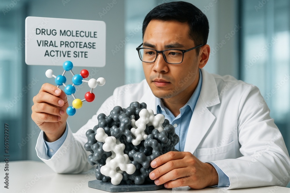 Poster scientist examining molecular models of drug and viral protease for medical research in laboratory s