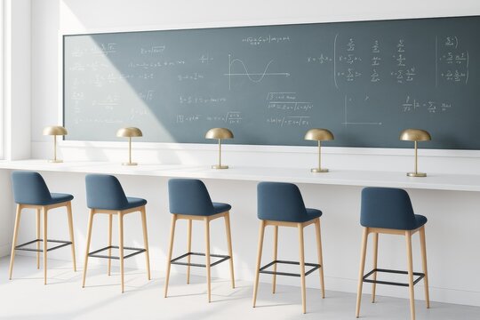 Modern science classroom interior with high chairs, golden desk lamps, and chalkboard filled with equations in bright natural light background.