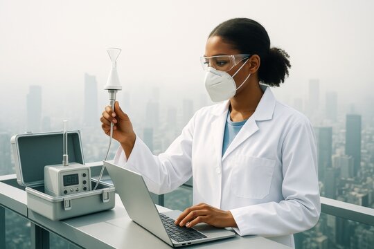 Female scientist measuring air quality with specialized equipment on rooftop against hazy city background, wearing mask and lab coat. Ai generative. Ai generative