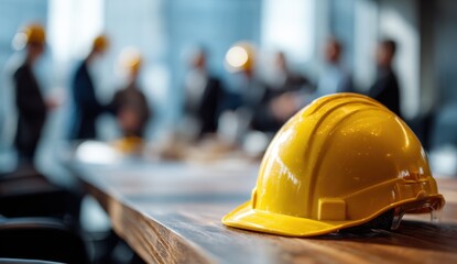 Close-up of a yellow safety helmet resting on a wooden in a busy industrial or construction environment with blurred workers and equipment in the background