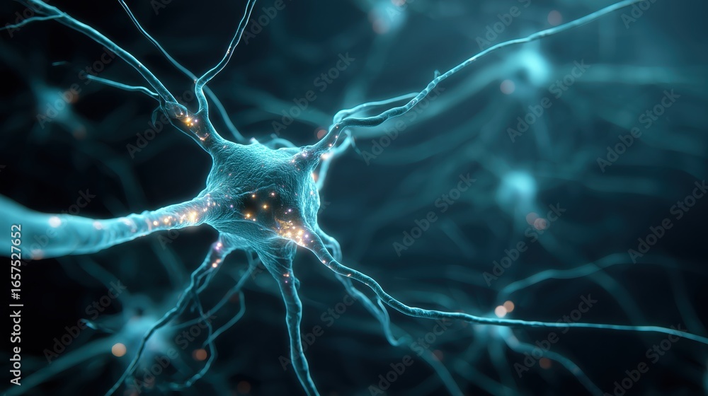 Poster neuron network glowing in bioluminescent close-up of a glowing neuron with intricate connections aga
