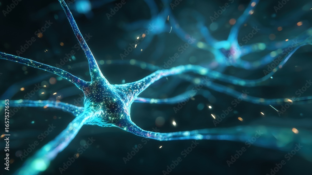 Poster neuron network glowing in bioluminescent visual representation of neurons in a blue, glowing network