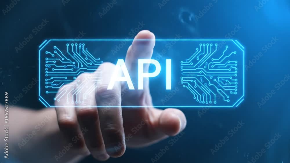 Poster Hand Touches Glowing Api Interface with Abstract Circuitry on Blue Background