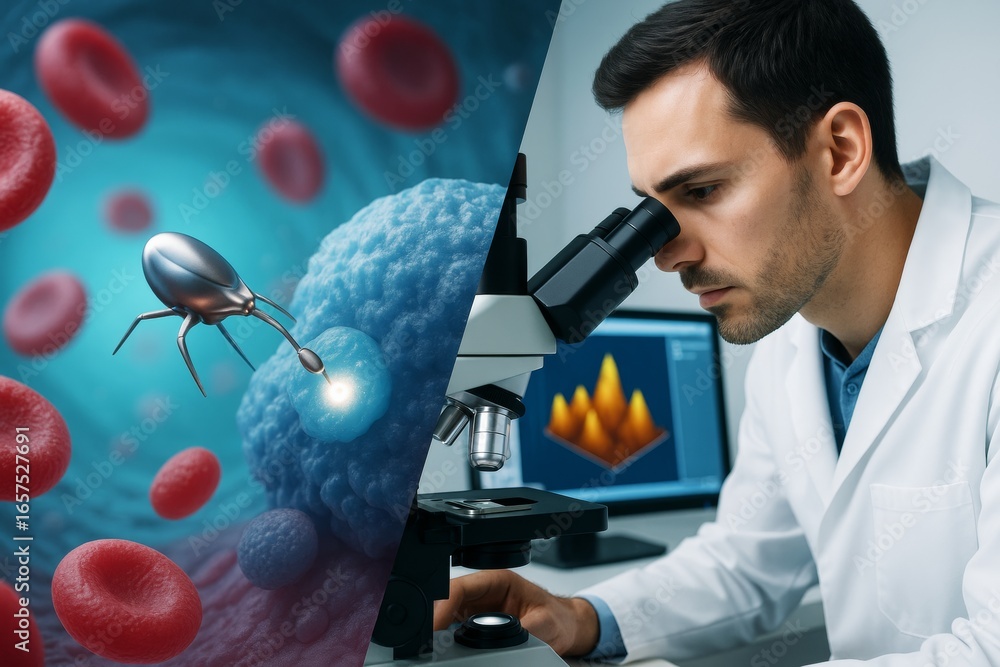 Aufkleber futuristic nanotechnology and scientist in lab coat using microscope, exploring microscopic world an
