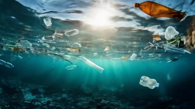 Underwater scene depicting plastic waste floating amidst sunlight filtering through the water, showcasing the impact of pollution on marine life and the environment