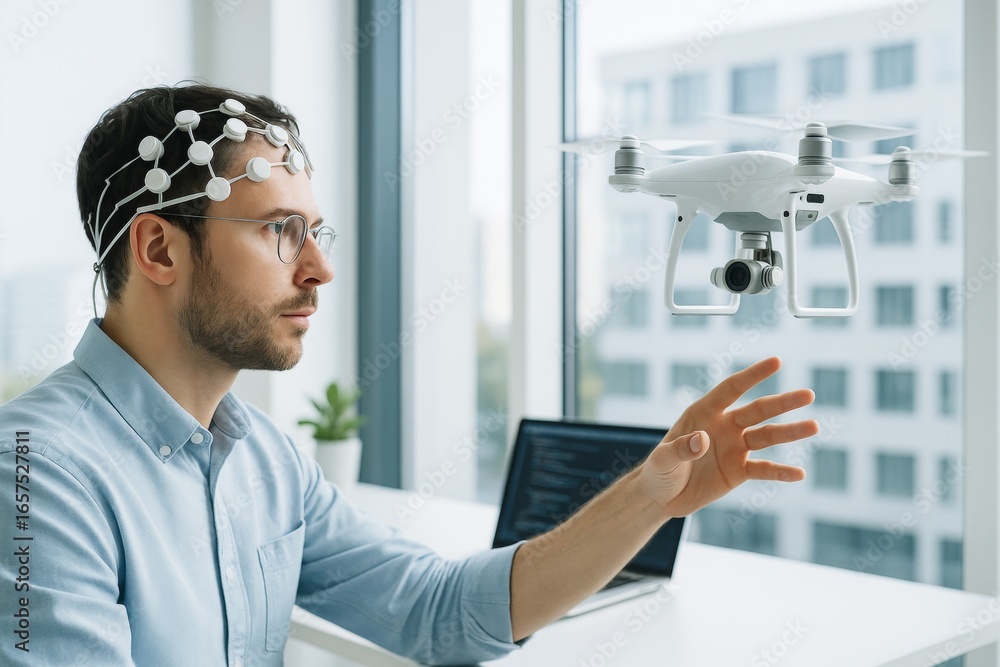 Aufkleber man controls drone using brain-computer interface technology in modern office, showcasing futuristic