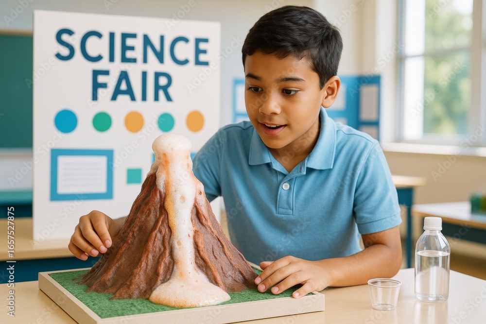 Aufkleber excited boy presenting erupting volcano experiment at school science fair with colorful display back