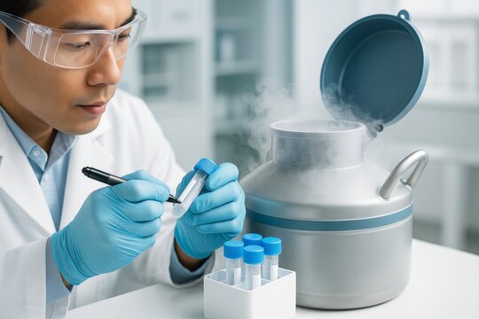Scientist marking cryogenic sample tube with pen in laboratory using protective gloves, near liquid nitrogen container with visible vapor cloud. Ai generative