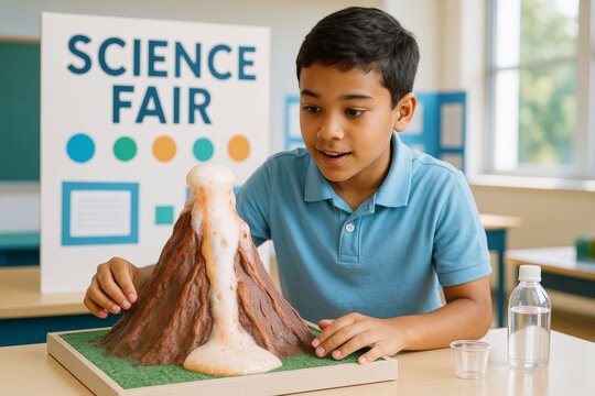 Excited boy presenting erupting volcano experiment at school science fair with colorful display background and bright natural classroom light. Ai generative