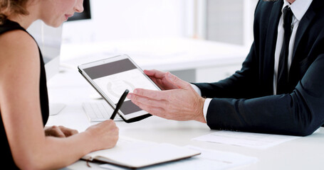 Business people, hands or writing with tablet for statistics, analytics or performance review. Businessman, woman or financial analyst with documents, notes or technology for finance report in office