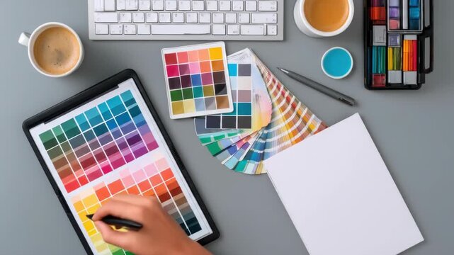 Overhead view of a workspace featuring color swatches, a digital tablet, keyboard, coffee cups, pens, and watercolor paints, with a person's hand selecting a color