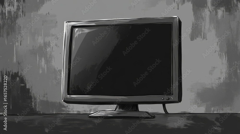 Poster back view of a comic illustration of a computer display, back view from the side, the display is bla