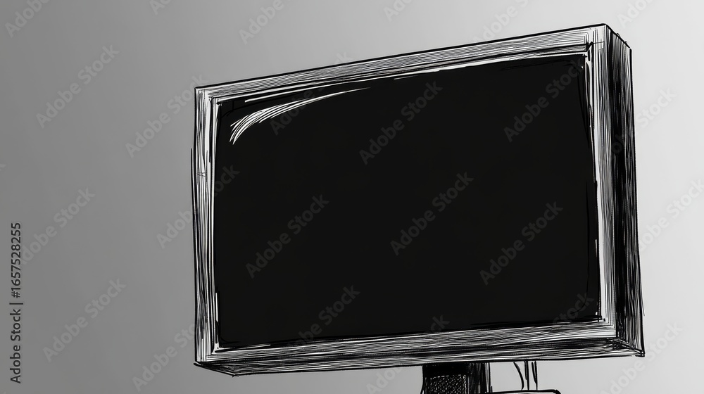 Poster back view of a comic illustration of a computer display, back view from the side, the display is bla