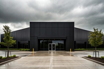 Modern black commercial building entrance facade with reflective glass under moody sky
