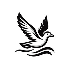 Obraz premium Seagull logo flying over sea waves, black and white vector
