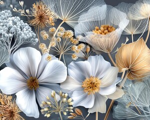 X-ray Floral Illustrations Elegant white and gold floral arrangement. Transparent Botanical Decor Modern Botanical Fine Art