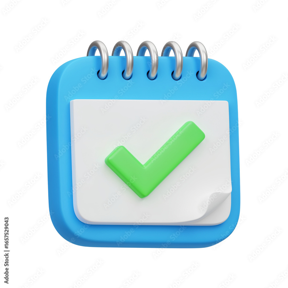 Poster blue 3d calendar icon with a green checkmark indicating a completed task or event isolated on transp