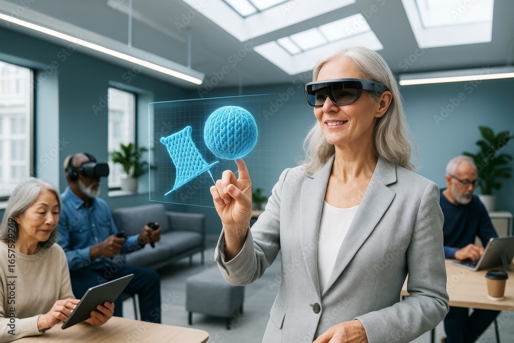 Aufkleber senior woman using augmented reality headset to interact with holographic 3d knitting model in moder