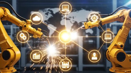 Yellow Industrial Robotic Arms Welding with Digital Network Overlay - Powered by Adobe