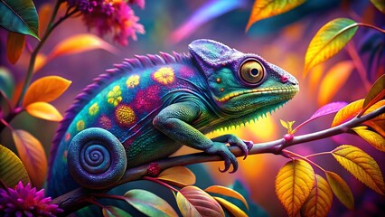 Obraz premium A vibrant, colorful chameleon with intricate patterns rests on a tree branch amidst lush foliage