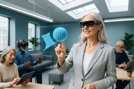 Senior woman using augmented reality headset to interact with holographic 3D knitting model in modern tech classroom with natural light background. Ai generative