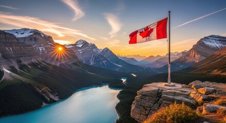 Patriotic Dawn: Canadian Flag Over a Sun-Kissed Turquoise Lake in the Rockies.