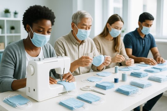 Diverse group of people sewing protective face masks together in bright room, engaging in social activity with a creative and helpful purpose. Ai generative