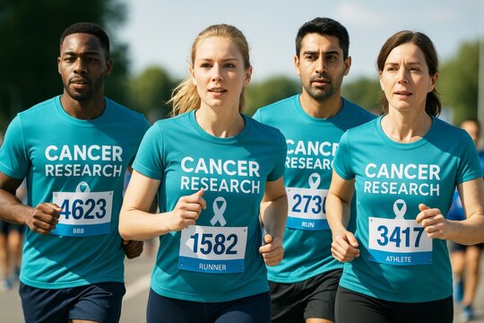 Group of diverse runners participating in cancer research charity marathon wearing matching shirts and bibs on a sunny day outdoors. Ai generative