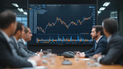 In a conference room, businesspeople talk about the market chart.  The financial staff looks at the stock crisis data on a big screen. - Powered by Adobe
