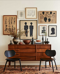 An entryway with a wooden dresser framed art on the wall and black chairs in front of it The walls have an offwhite color There is also a vase on top of one sidebo