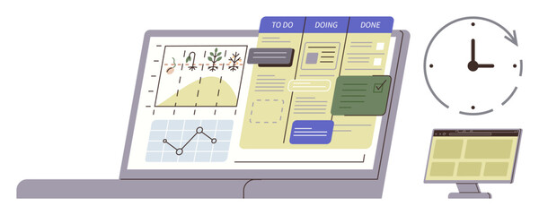 Open laptop displaying charts, task board divided into To Do, Doing, and Done columns. Clock and second screen suggest multitasking. Ideal for planning, productivity, workflow, teamwork project © robu_s