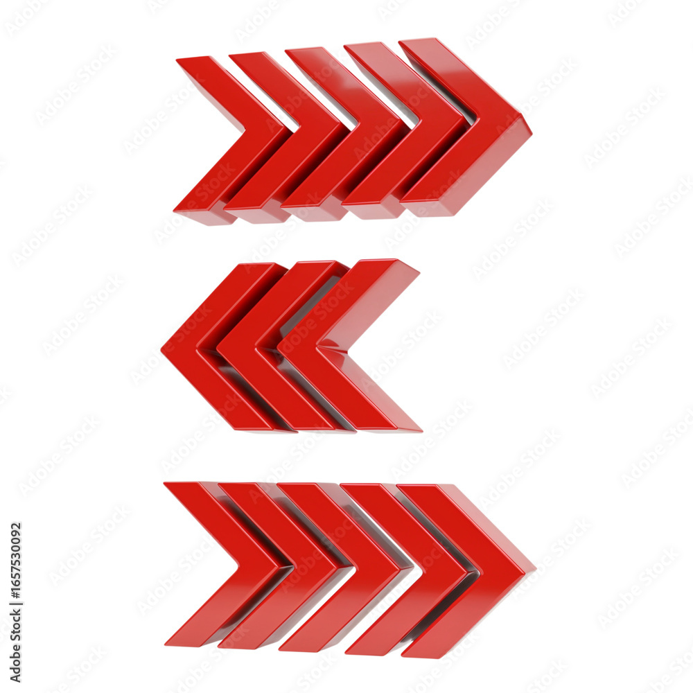 Poster three rows of glossy red chevron arrows pointing right and left isolated on transparent background