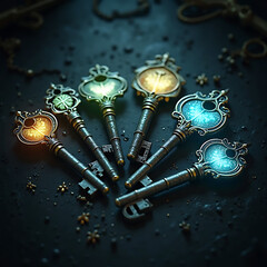 Mysterious golden key floating above an ancient treasure chest in a glowing cavern, symbolizing lost secrets, wealth, and adventure, perfect for fantasy, mystery, and magic themes 