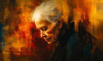 Abstract image of an elderly woman experiencing loneliness and the effects of dementia, Alzheimer's disease, and mental health disorders. The image sensitively portrays the emotional, Generative AI
