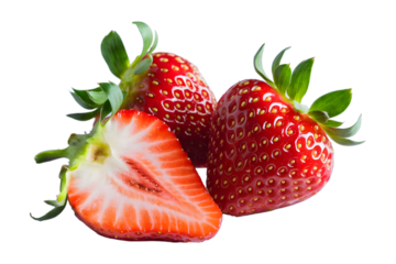 Close up of fresh strawberries, one sliced, against a transparent background. AI Generated 