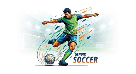 Powerful Football Striker in Green and Blue Kicks with Abstract Energy Trails