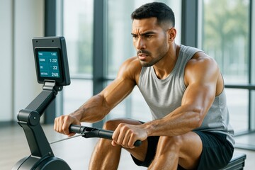 Focused athlete training on rowing machine indoors with natural light background, emphasizing strength, endurance, and modern sport concept. Ai generative