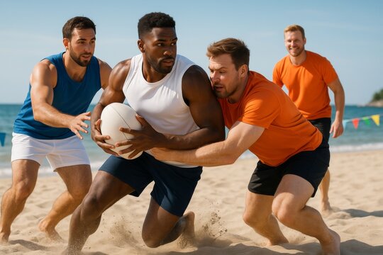 Group of athletic men playing rugby on sandy beach under bright sunlight with ocean in background, enjoying competitive summer sport fun outdoors. Ai generative