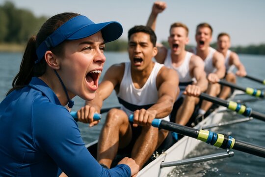 Intense female coxswain leads focused rowing team during race on calm water under daylight with blurred natural background in sport competition concept. Ai generative