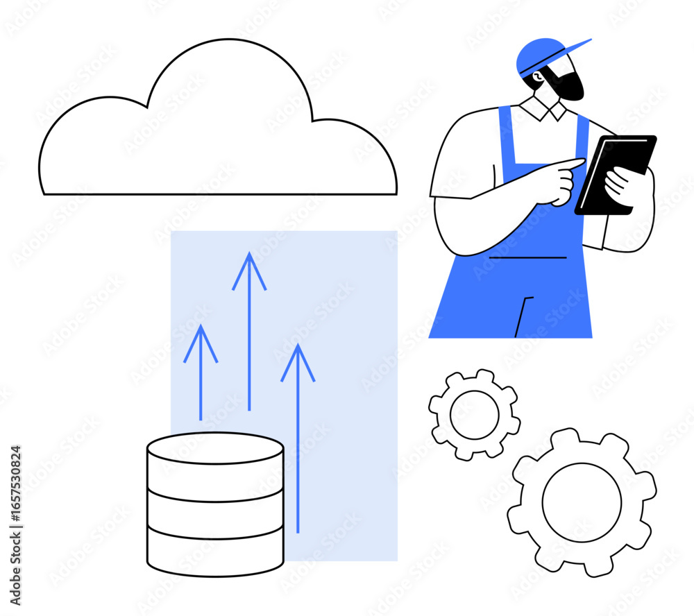 Poster technician holds tablet, monitors cloud storage with database, upward arrows, and gears. ideal for c