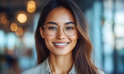 Attractive Asian businesswoman smiling in the office, promoting diversity and inclusion in the workplace with a candid headshot, Generative AI