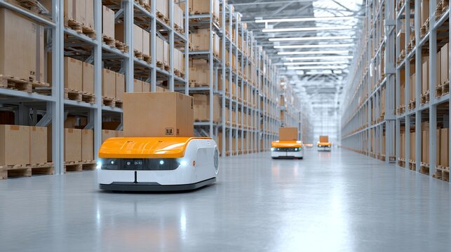 Automated robots transport cargo boxes through a modern, high-tech warehouse for efficient logistics