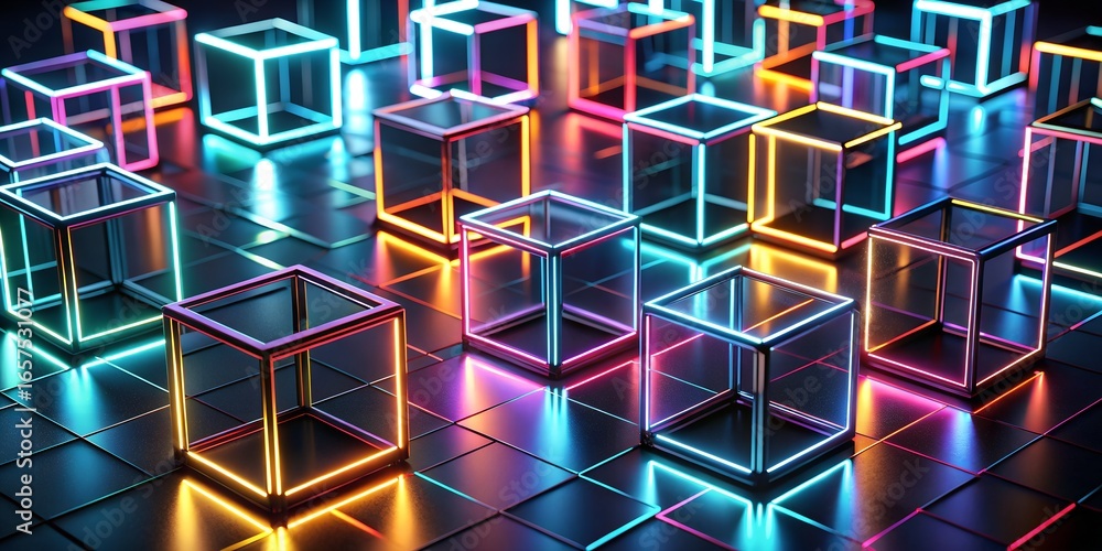 Poster a mesmerizing array of neon cubes creates a futuristic and abstract background, perfect for technolo