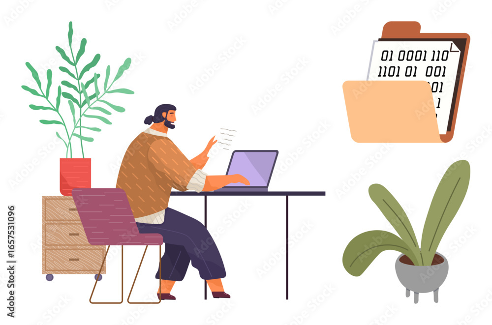 Poster worker typing on laptop with papers, surrounded by plants and furniture. file folder with binary cod