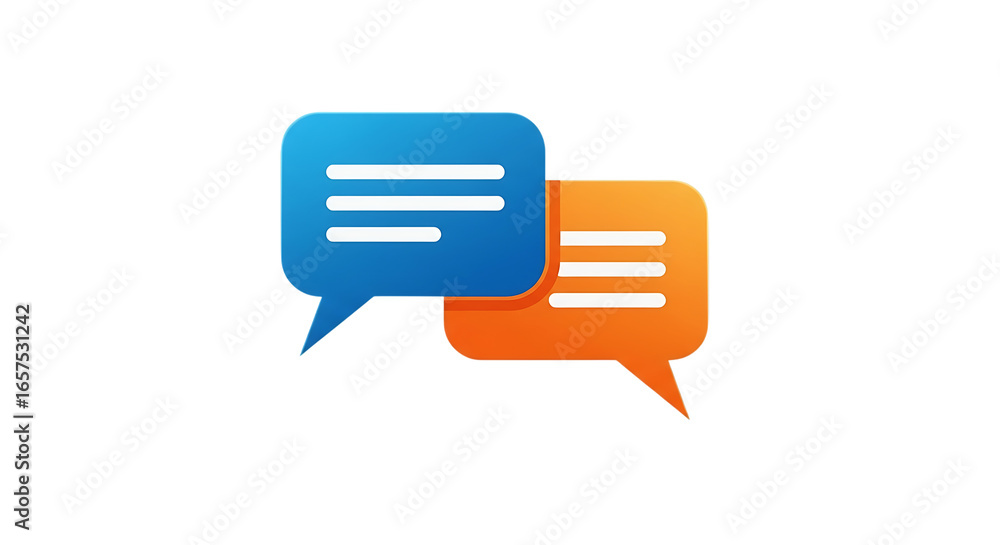 Poster Two overlapping blue and orange speech bubbles with lines, representing digital communication and online conversation, isolated on transparent background