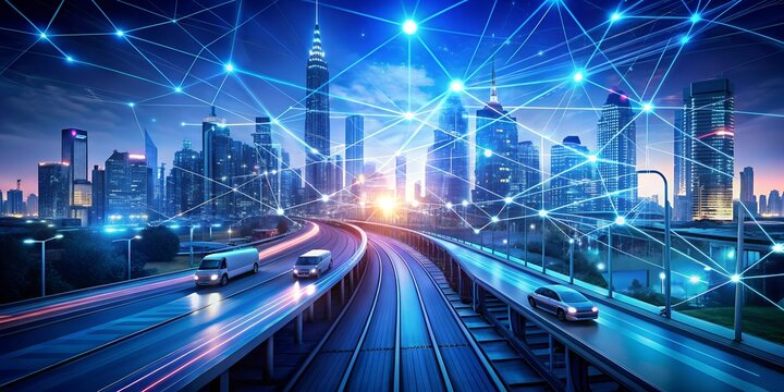 Futuristic cityscape with interconnected network, showcasing smart city technology, digital infrastructure, and modern transportation on a highway at night