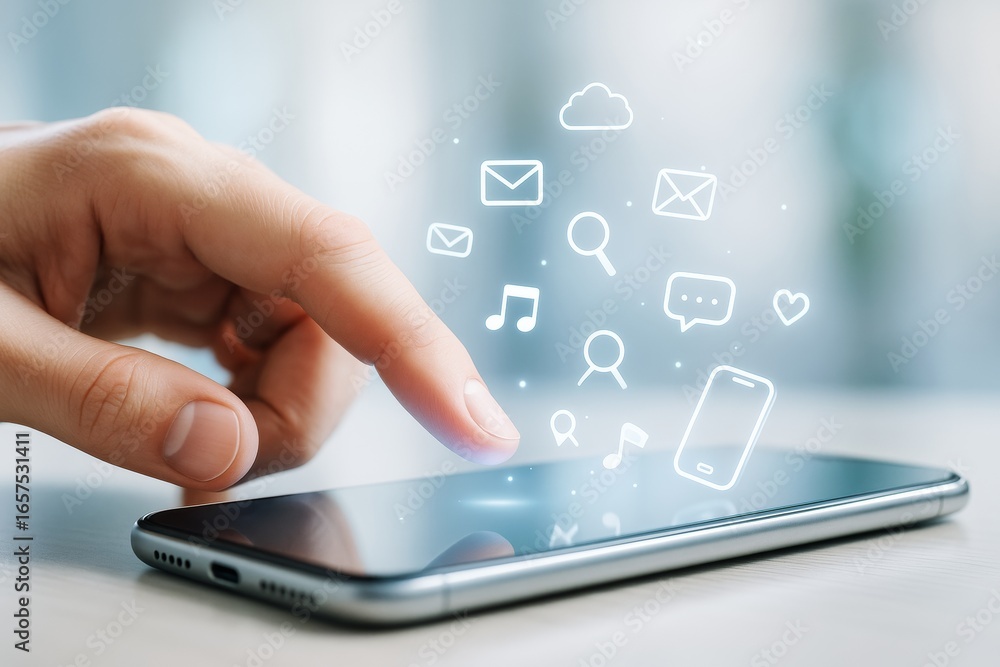Poster person interacting with smartphone interface showing floating digital icons on abstract light backgr