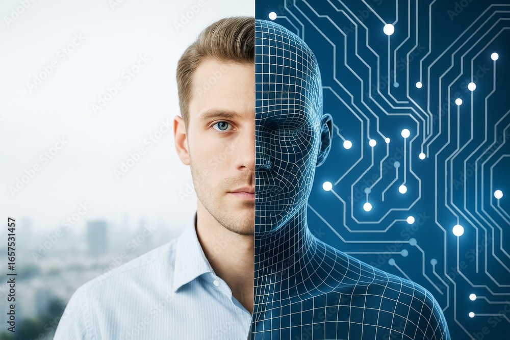 Poster human and digital face split with circuit technology background symbolizing ai and future tech integ