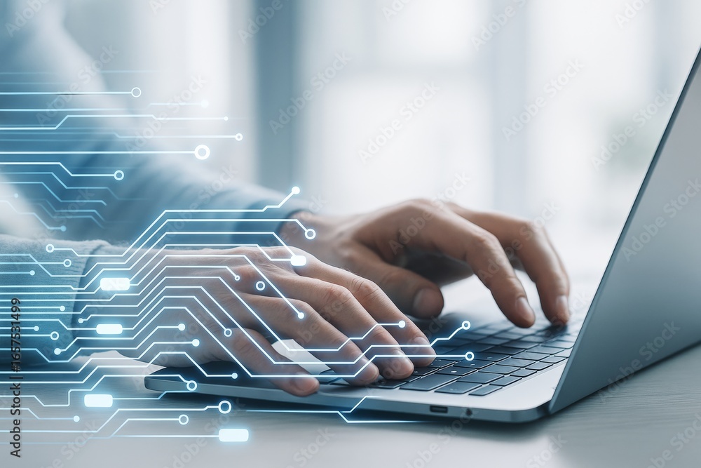 Poster hands typing on laptop keyboard with digital circuit overlay representing modern technology and inno